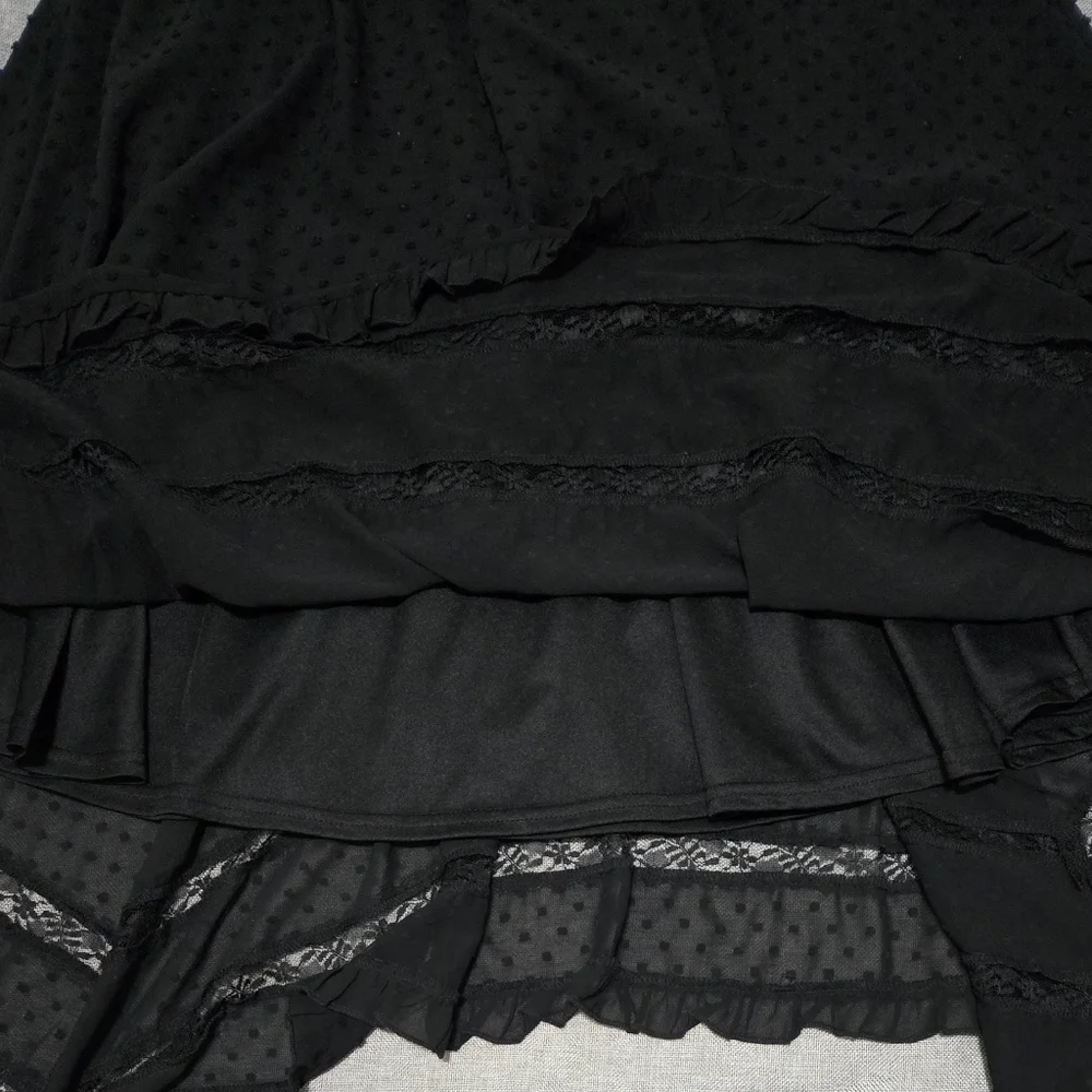 AQUA Black Midi Dress Swiss Dot Lace Inset Handkerchief Hem Tie Waist Small - Picture 14 of 15